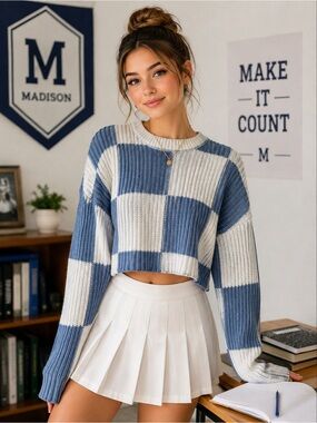 moon & madison Blue and White Checked Cropped Knit Oversized Sweater Size Medium